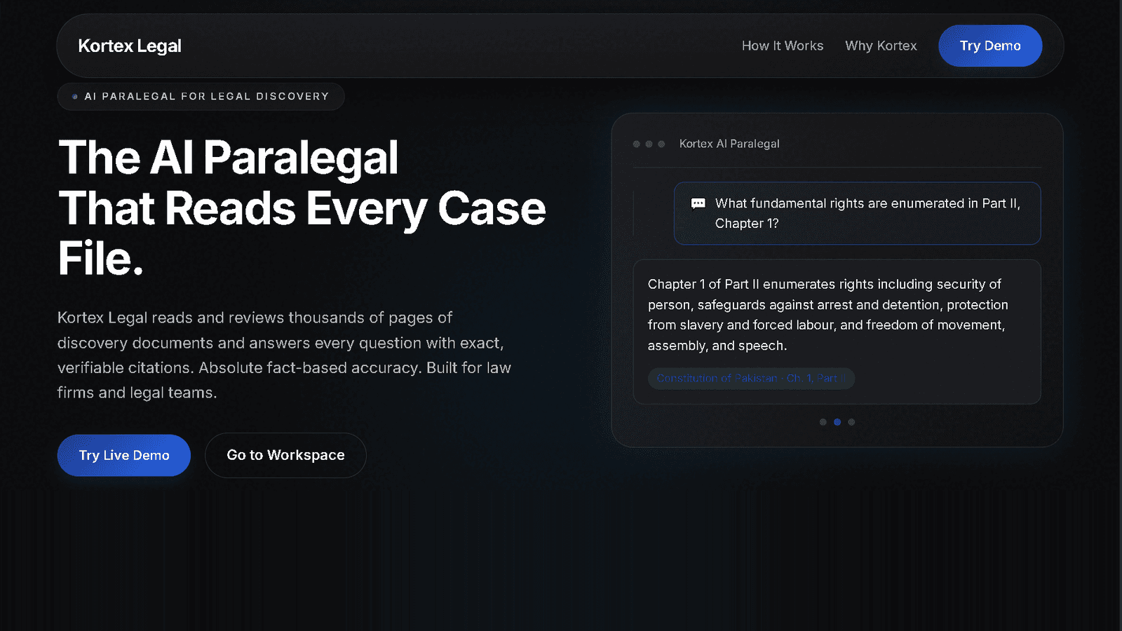 Kortex Legal - A legal document intelligence system for searching contracts, case files and discovery material through natural-language questions with source-grounded answers.